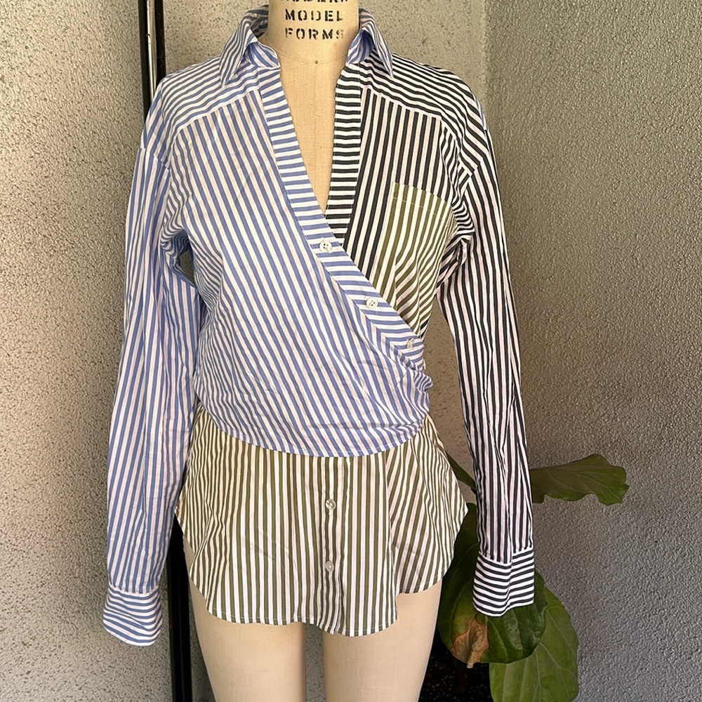VERONICA BEARD | Striped Assymetrical Button Down Top